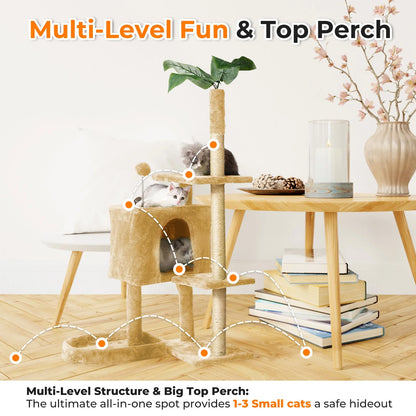 Cat Tree,52In Cat Tower for Indoor Cats, Cat Tree with Scratching Posts Plush Perch Stand, Cat Condo with Funny Toys Kittens Pet Play House,Pink